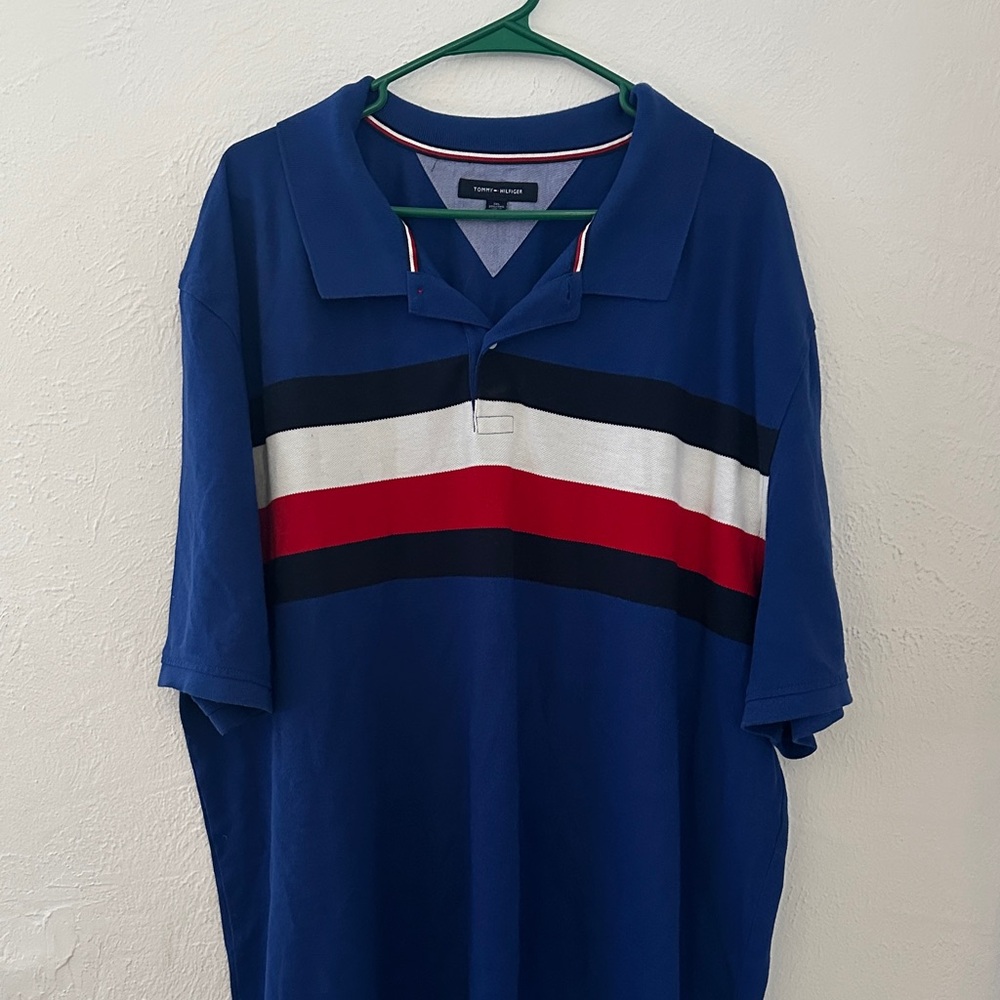 Tommy Hilfiger Men's Polo Shirt in Blue with Red and White Stripes
